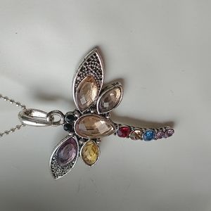 Vintage Dragonfly Costume Jewelry Necklace Silver-toned Rhinestone Deco Style